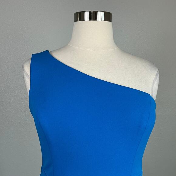XSCAPE One Shoulder Ruffled High Low Sheath Cocktail Dress Blue Size 16 - Picture 8 of 13